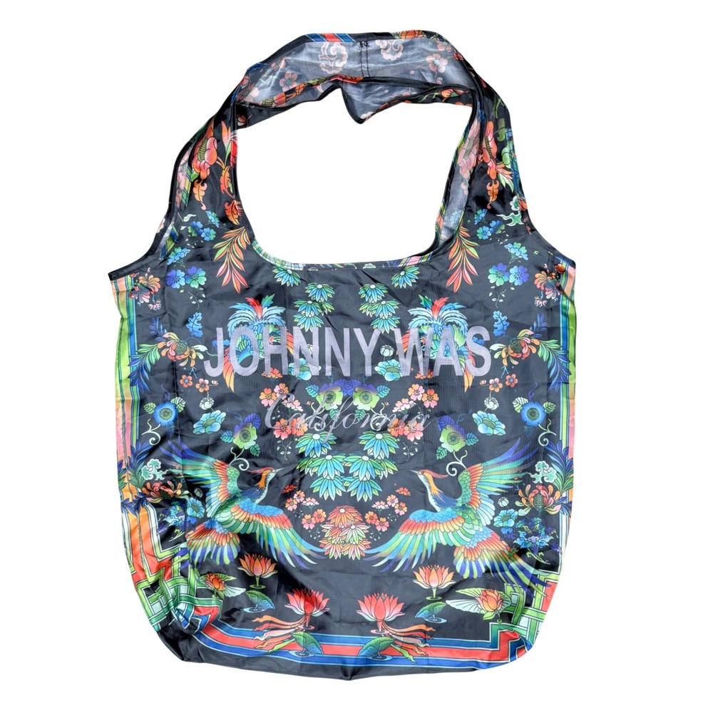 Johnny Was Tote Bag Womens OS Black Floral Bird Print Reusable Foldable Shopper